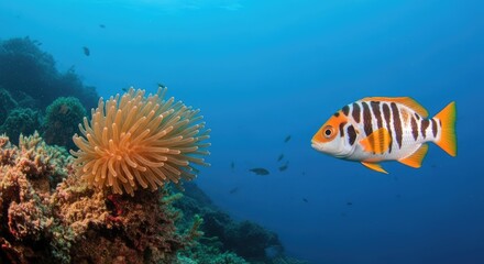 A colorful fish swimming near a vibrant coral reef in clear blue water.