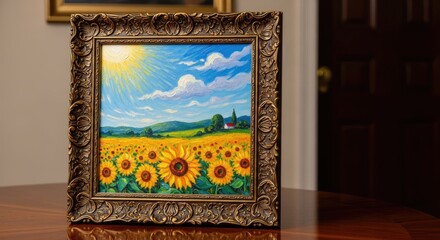 A framed painting of a sunflower field with a house in the distance, set against a white wall.