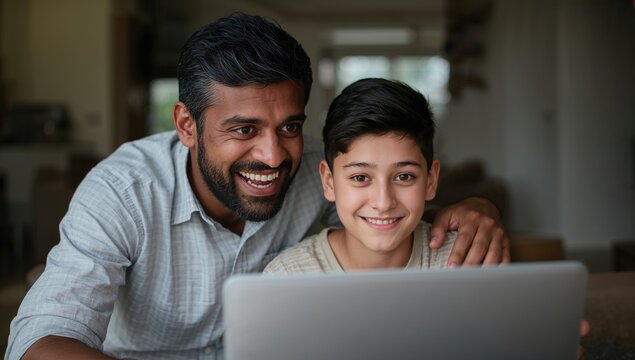 Father and son expressing joy and surprise while looking at a laptop screen at home showcasing emotional connection and excitement in family interaction - Powered by Adobe