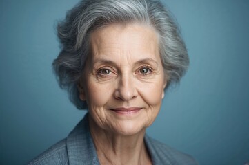 Fototapeta premium Elderly woman with gray hair and natural makeup wearing a gray jacket posing against a soft blue background with a warm and approachable expression