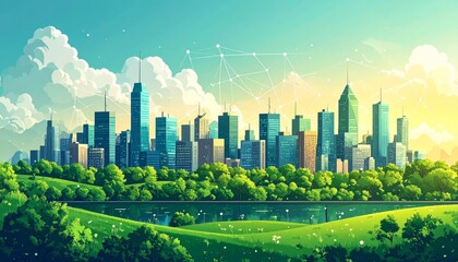 Naklejka premium Sustainable urban development illustrated with interconnected elements