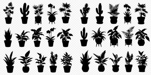 A comprehensive collection of diverse potted plant silhouettes, featuring various indoor and outdoor plant types including cacti and leafy greens, presented as black icons on a transparent background.