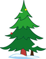 Minimalist Flat Vector Christmas Tree Illustration with Ornaments, Pine Needles, and Snow