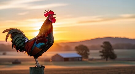 A vibrant rooster standing on a wooden post with a picturesque sunset in the background.
