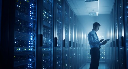 Professional IT technician monitors server room data flow on tablet amidst glowing blue lights and modern technology infrastructure, ensuring seamless operations.