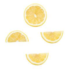 Top view set of yellow lemon slice in circle shape and quarters isolated on white background with clipping path