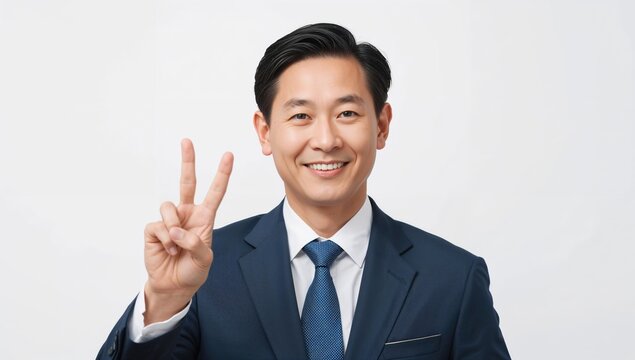 Middle aged businessman in formal suit showing peace sign gesture with confident smile against plain white background - Powered by Adobe