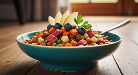 A colorful bowl of dog food with fruits and vegetables.