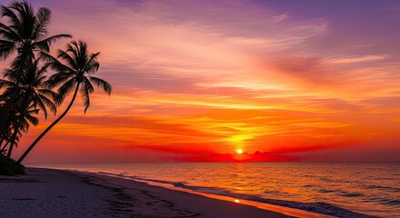 A vibrant sunset over a tropical beach with palm trees silhouetted against the sky.