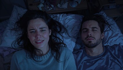 Woman unable to sleep in bed next to her snoring partner at home during nighttime, displaying feelings of frustration and exhaustion in a domestic setting.