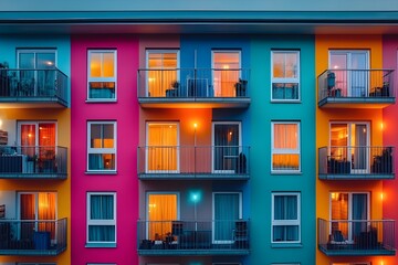 Obraz premium Modern apartment building with vivid multicolor facade and glowing warm window lights