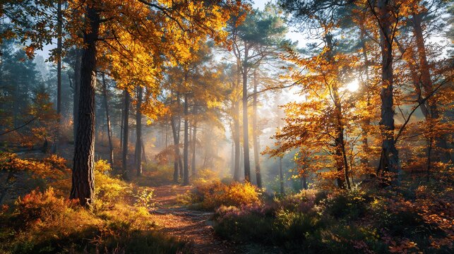 Golden autumn forest path illuminated by sun rays through misty trees during a serene morning. - Powered by Adobe