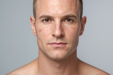 Obraz premium Male with facial moles and a neutral expression looking directly at the camera with clear skin tone and short hair against a plain background