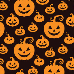 Halloween seamless pumpkin pattern featuring glowing jack-o-lantern faces on a dark background, perfect for wrapping paper, textiles, wallpapers, and festive design projects.