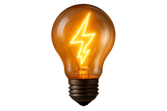 Light bulb with lightning filament isolated on transparent background