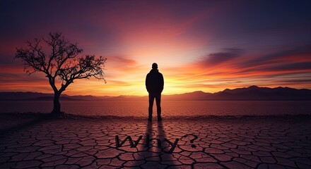 A man standing on a cracked, dry, desert landscape with a tree and a question mark in the sand.