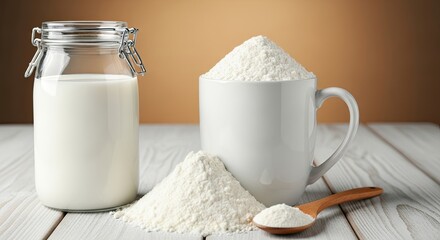 A white mug filled with flour and a spoon on a wooden table.