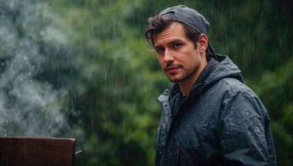 Man grilling outdoors in rainy weather wearing a waterproof jacket with droplets on his skin and smoky background displaying lush greenery