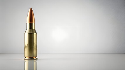 Single brass bullet standing upright on reflective surface