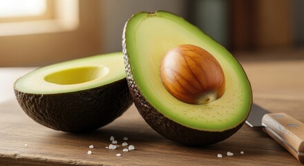 Two halves of an avocado on a wooden cutting board with a knife.