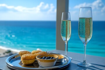 Champagne and dessert served on balcony with ocean view under bright blue sky