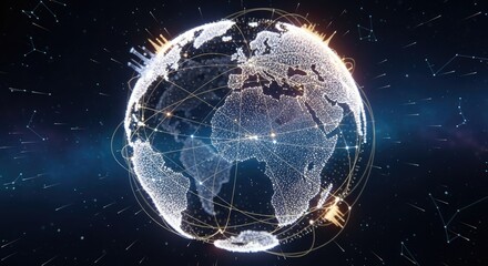 A globe with a network of connections against a starry night sky.