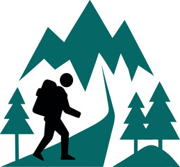 Hiker Silhouette on Mountain Trail with Forest Landscape Vector Illustration