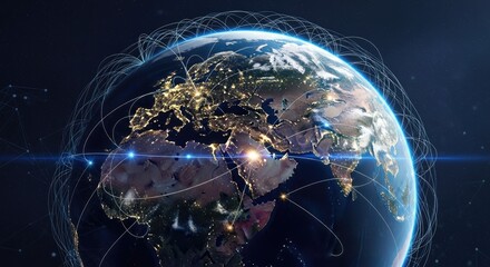 A globe with glowing lights and network connections, representing global connectivity and technology.