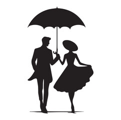 A Romantic couple holding umbrella silhouette and Vector