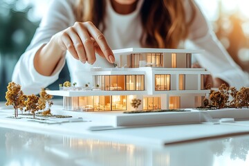 Receptionist pointing at modern building model with architectural details on table