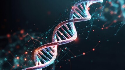 A close-up view of a luminous double helix DNA structure with connected digital elements