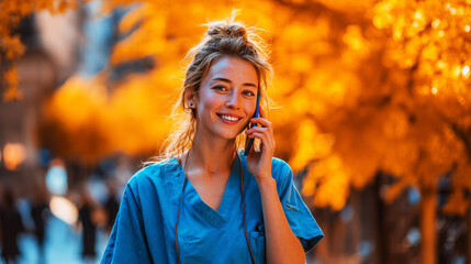 A young woman in medical scrubs talks on the phone outdoors among autumn trees.
