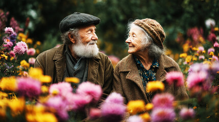 An elderly couple sits among bright flowers, gently looking at each other with a smile.
