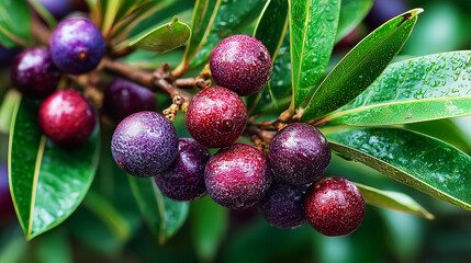 Close-up of vivid purple-red berries with water droplets on green leaves of branch.