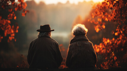 An elderly couple sits on a bench in autumn, admiring the sunset and enjoying quiet time.
