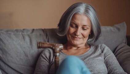 Senior woman with grey hair sitting on a couch at home, holding a wooden walking stick, smiling gently, with soft natural light and blurred background.