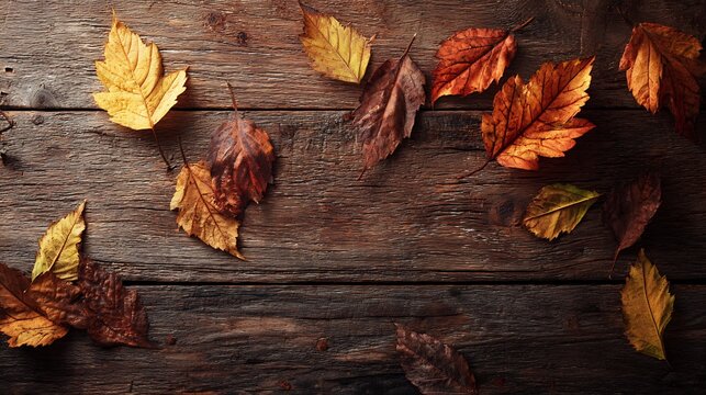 Colorful autumn fall leaves scattered on a dark rustic textured wooden background with copy space, top view.