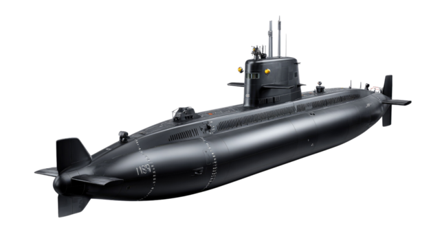 Submarine at Sea: A sleek, modern submarine glides through the ocean, showcasing advanced engineering and military prowess.