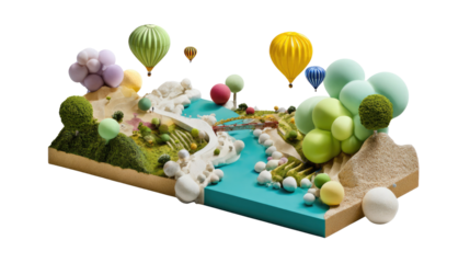 Whimsical Landscape with Hot Air Balloons: A vibrant and imaginative landscape featuring a winding river, verdant vegetation, and colorful hot air balloons floating above.