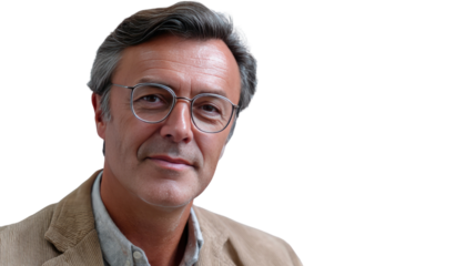 Elegant Senior in Eyeglasses: A distinguished senior, his eyes gleaming with wisdom behind spectacles, wears a light jacket, his expression exuding confidence and composure.