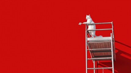 White cat on scaffolding against a vibrant red wall