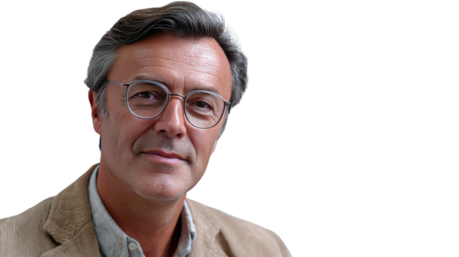 Elegant Senior in Eyeglasses: A distinguished senior, his eyes gleaming with wisdom behind spectacles, wears a light jacket, his expression exuding confidence and composure.