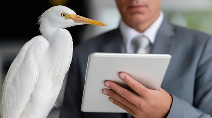 Caucasian adult male with tablet and egret in office setting