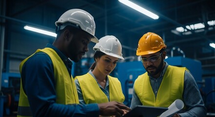 Diverse team of engineers collaborating on tablet, reviewing blueprints in a modern factory setting, showcasing teamwork and industrial innovation.