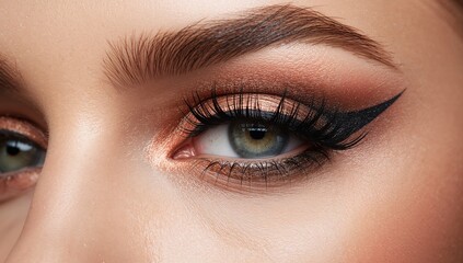 Obraz premium Close-up macro shot of woman's eye featuring dramatic arrow eyeliner, smokey eyeshadow in warm tones, voluminous lashes, and defined brows highlighting the details of cosmetic application.