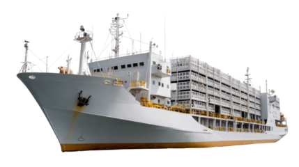 Marine Vessel: A modern cargo ship steams across the ocean, a symbol of global trade and marine industry. conveying a sense of vastness and industrial enterprise.