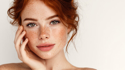 Young caucasian woman with curly brown hair and freckles applying green cream to her face with fingers. Healthy glowing skin. Generative AI