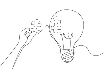 Single one line drawing hand holds puzzle piece and wants to stick it to the surface of hollow bulb. Patching the void of thought. National Creativity Day. Continuous line design graphic illustration