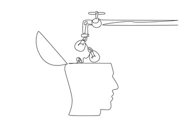 Continuous one line drawing the tap takes out the bulb lamp and fills the exposed human head. Learn to add new skills. Adaptation. National Creativity Day. Single line draw design vector illustration