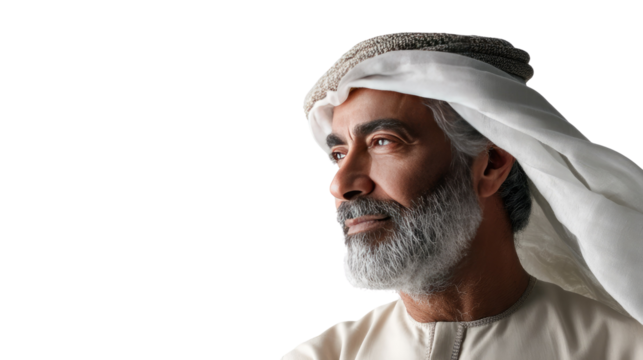 Arab Man in Traditional Attire: A distinguished gentleman from the Middle East, adorned in a pristine white headdress and traditional garb, his gaze focused with dignity.